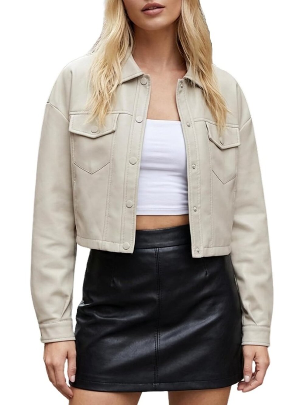 Women’s Beige Faux Leather Cropped Moto Biker Jacket Short PU Coat